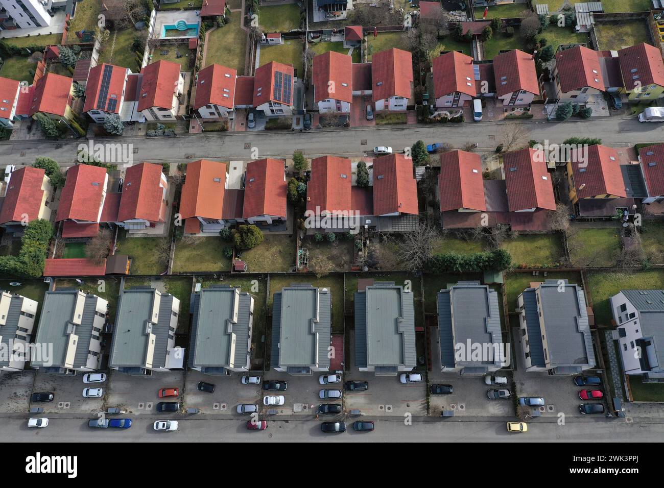 Aerial view of European real estate neighborhood, residential area housing estate, urban environment, city houses from above Stock Photo