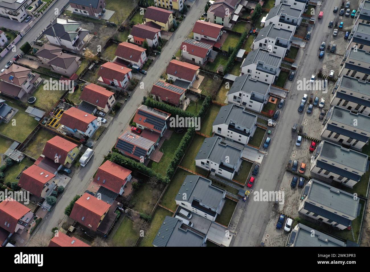 European urban suburban cityscape, aerial view of residential houses and yards. Cluj Napoca, Romania Stock Photo