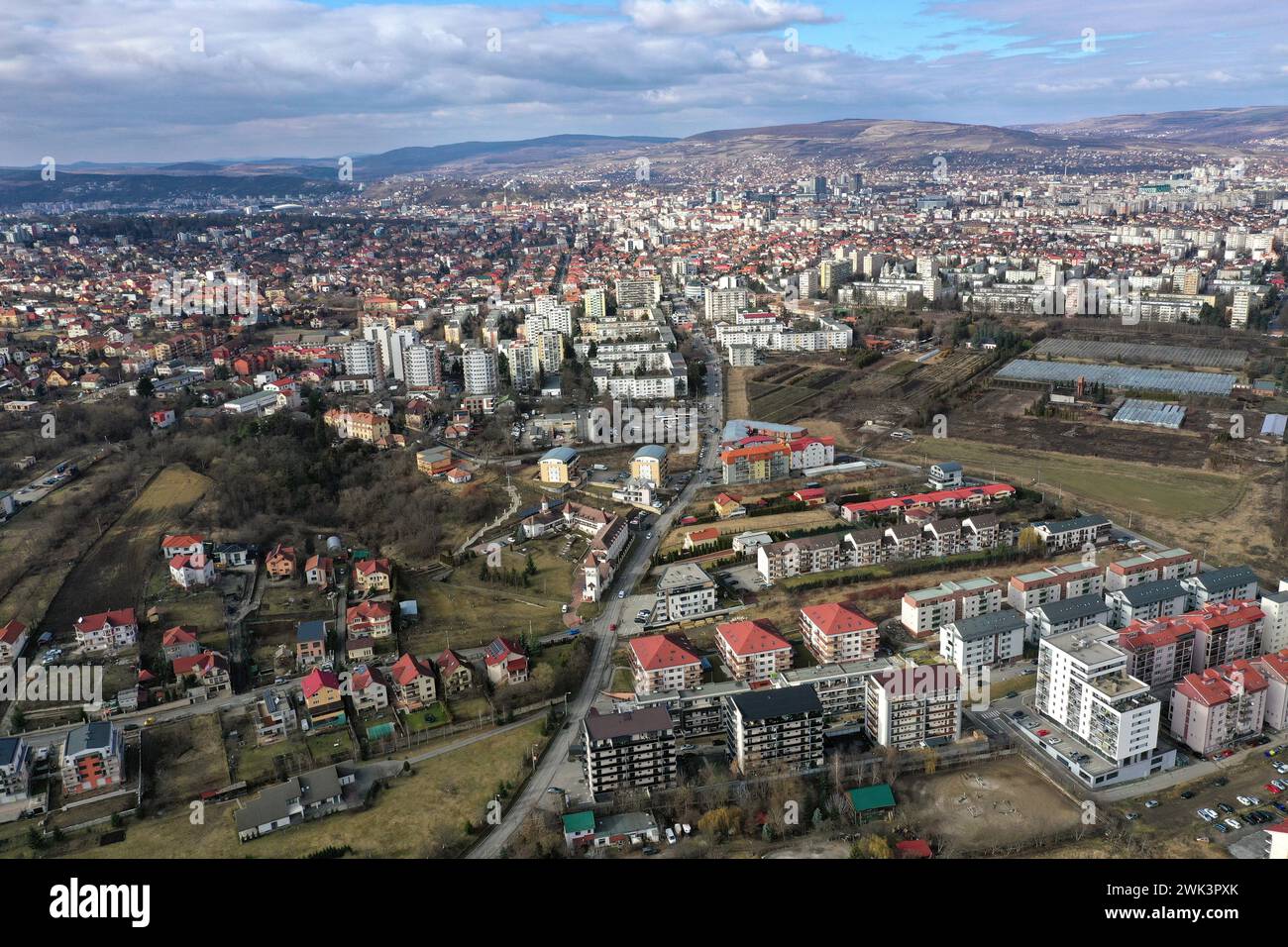 Aerial drone view of Cluj Napoca suburban part of the city, Romania, Europe Stock Photo
