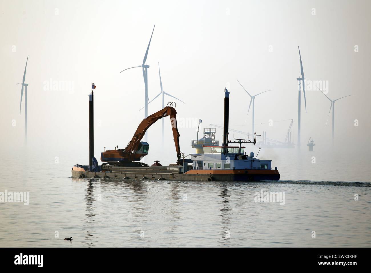A transport ship for constructing an offshore windpark, Ijsselmeer, The Netherlands Stock Photo