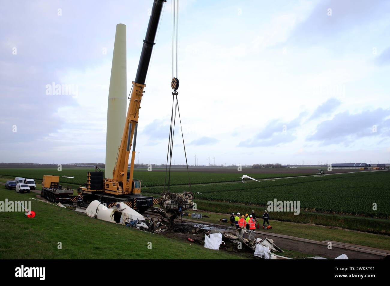 A blown off nacelle of a windturbine, Eemdijk, Flevoland, The Netherlands Stock Photo