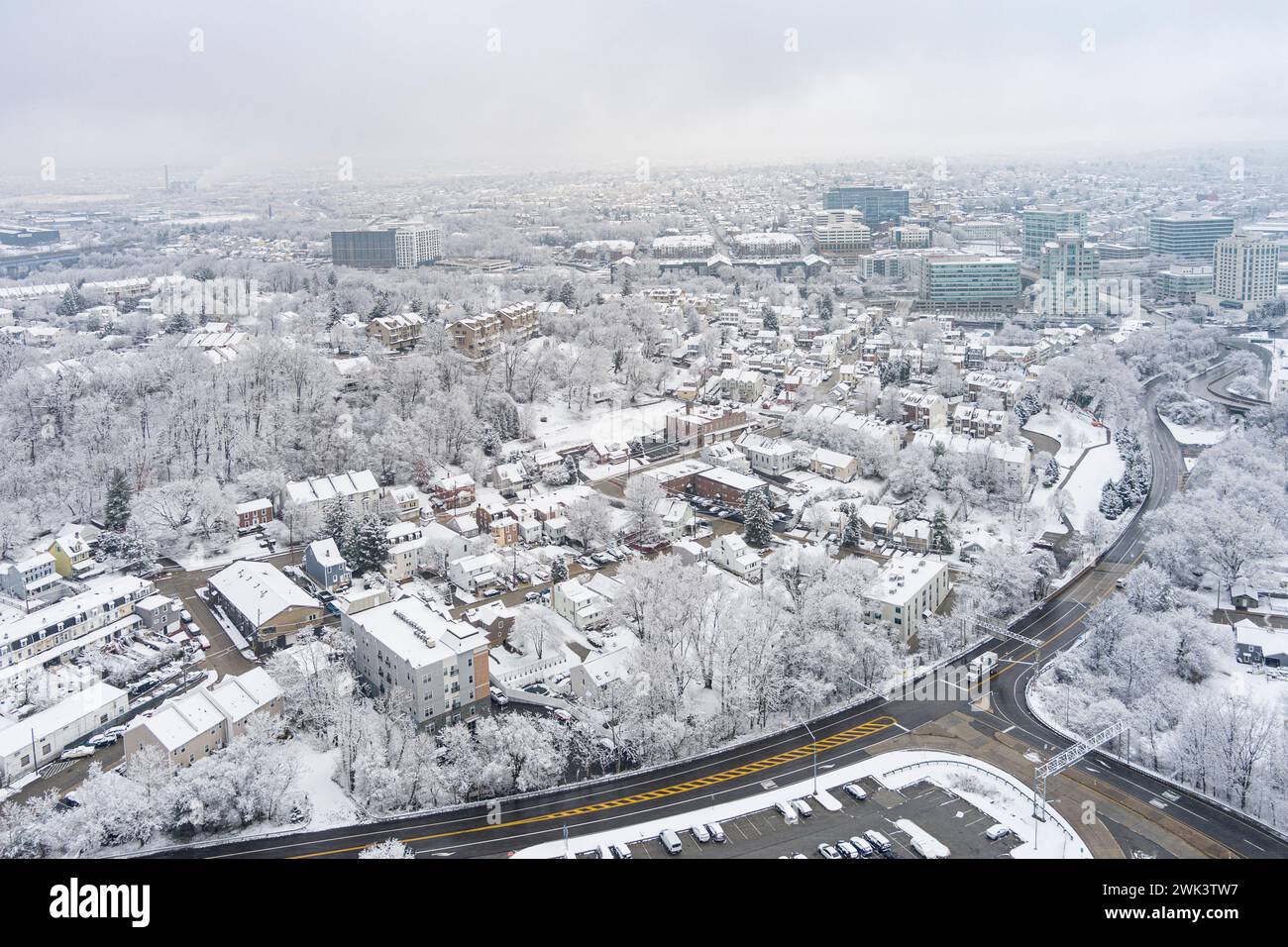 Aerial view of Conshohocken Pennsylvania during winter with snow on the