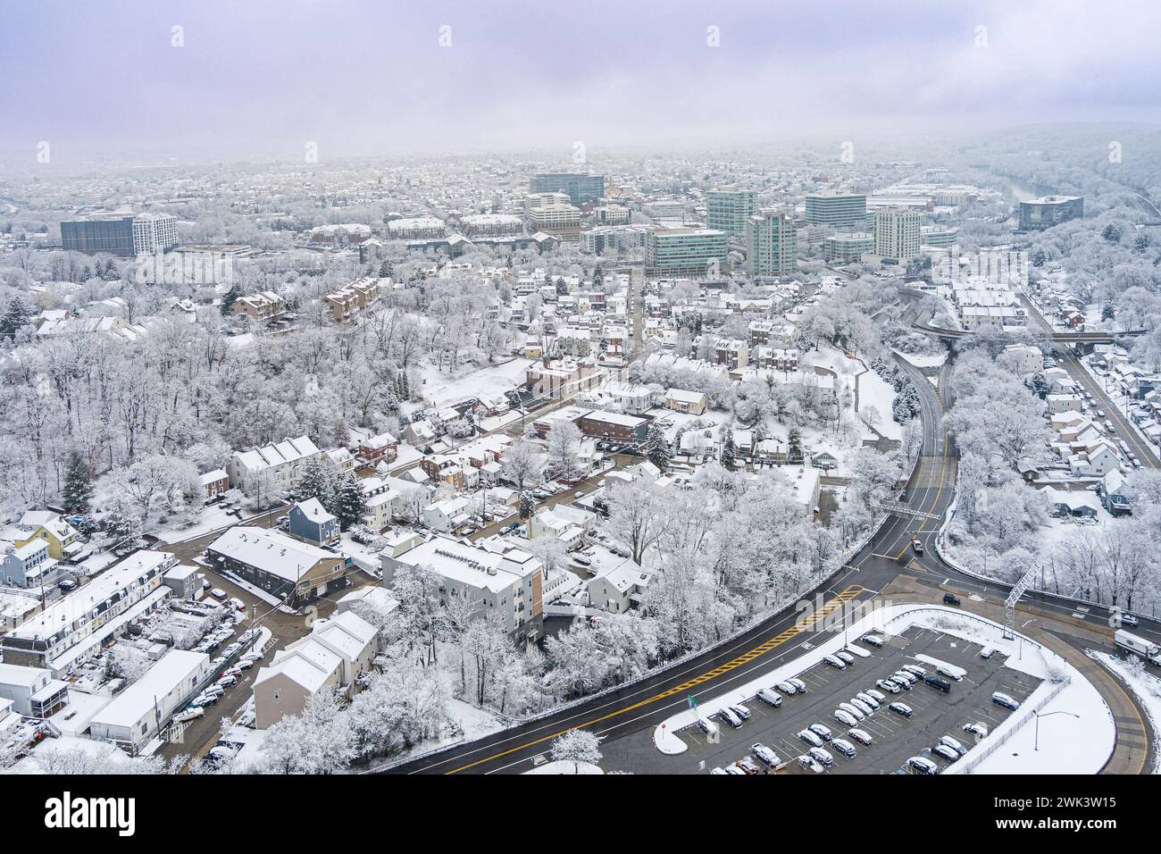 Aerial view of Conshohocken Pennsylvania during winter with snow on the