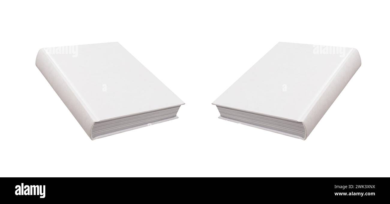 Blank book cover mockup, front and back hardcover design. Hardback mock up, angled view, isolated on white. Stock Photo