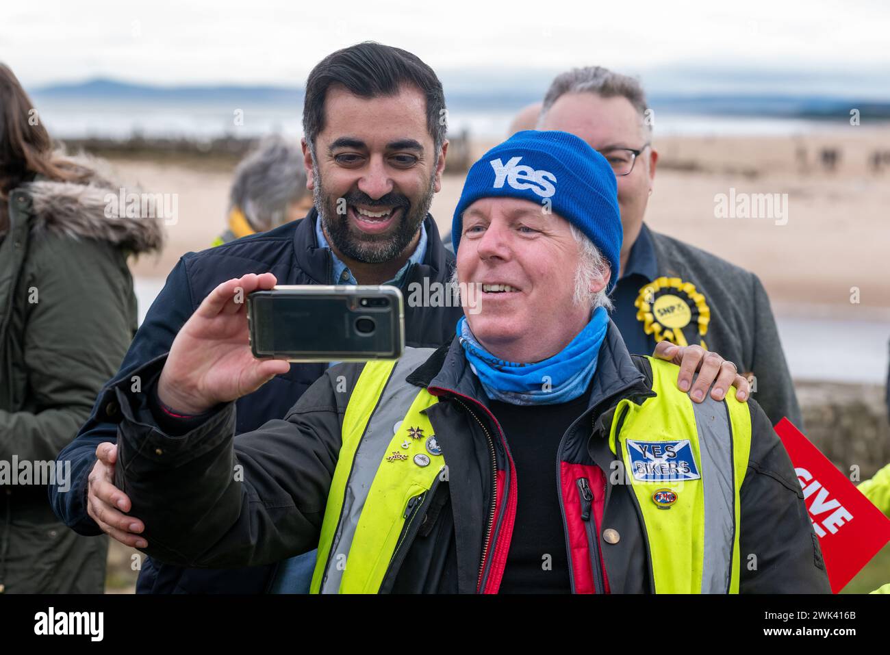 Lossiemouth, Moray, UK. 17th Feb, 2024. This is Humza Yousaf on his campaign at Lossiemouth east Beach Bridge on Saturday 17 February 2024. He was met with a group of supporters and chatted with them. Credit: JASPERIMAGE/Alamy Live News Stock Photo