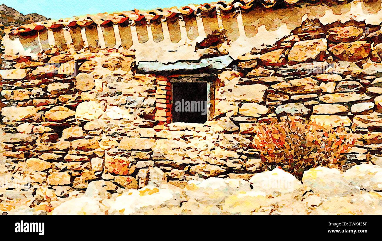 One of the windows of an ancient brick and granite house with a juniper ...