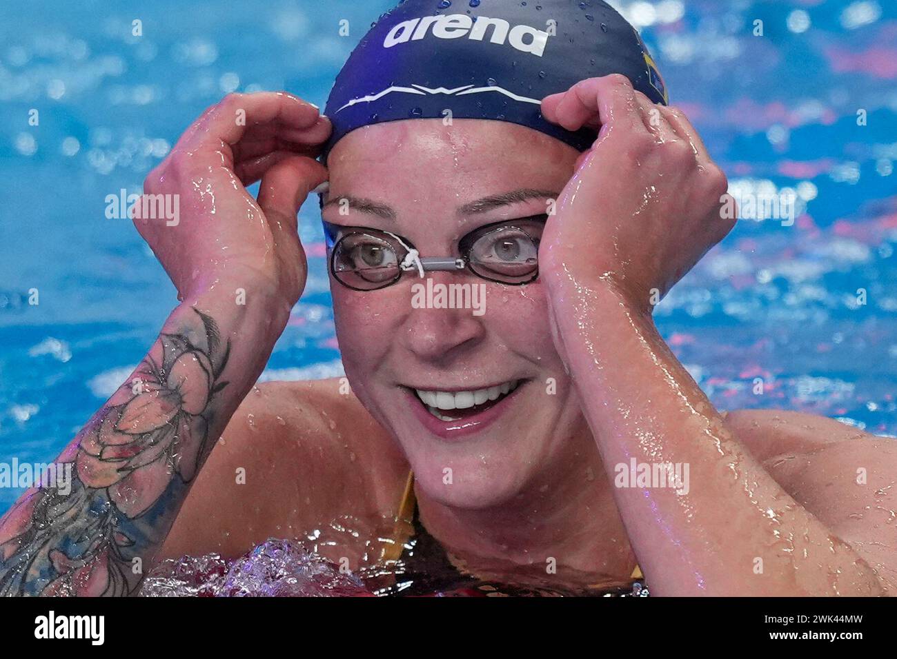 Sarah Sjoestroem of Sweden reacts after competing in the women's 50