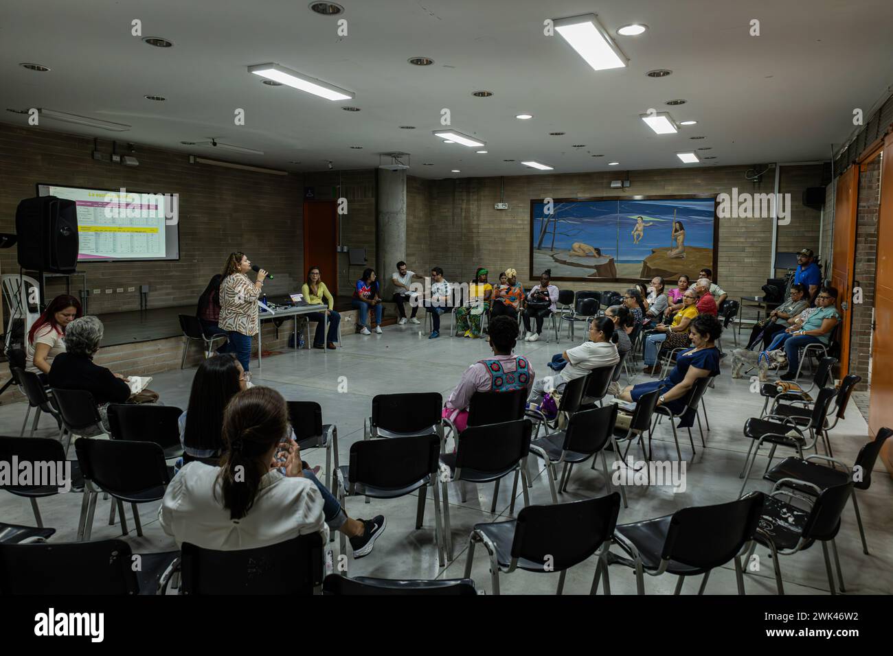 Bogota, Colombia. 17th Feb, 2024. Citizens of the Alta Vista neighborhood in Medellin, Colombia participate during a cultural and listening space called 'El Plan es con Vos' where the city's townhall aims to receive feedback for their new district ordinance plan, on february 17, 2024. Photo by: Juan Jose Patino/Long Visual Press Credit: Long Visual Press/Alamy Live News Stock Photo