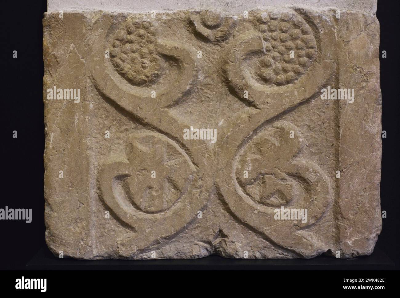 Detail of a pilaster decorated with a vegetal stem on its front face. Limestone. 7th century. From Toledo, Weapon Factory. Spain. Museum of Visigoth Councils and Culture. Toledo, Castile-La Mancha, Spain. Stock Photo