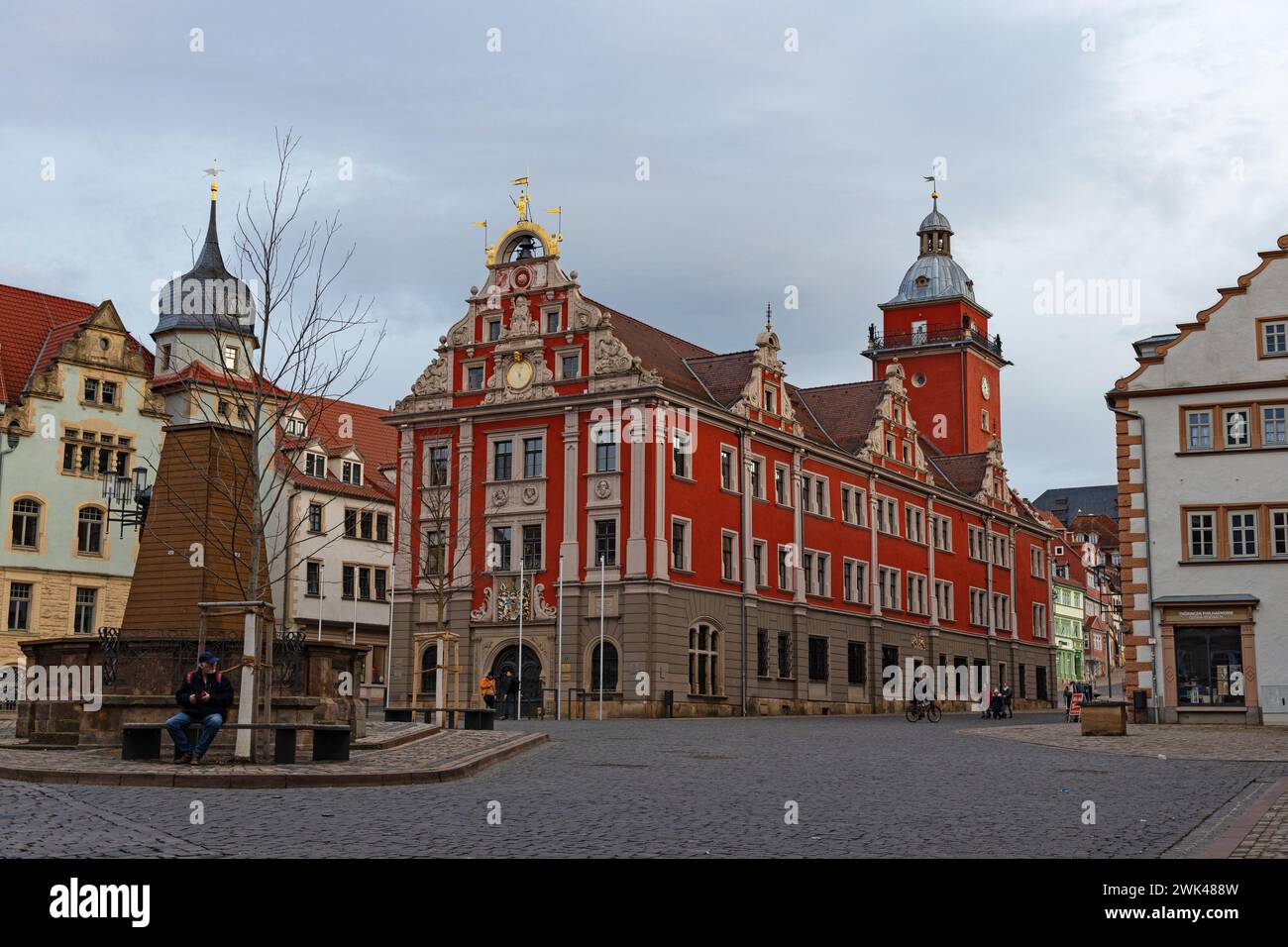main market or in german Hauptmarkt with beautiful red town hall in Gotha Stock Photo