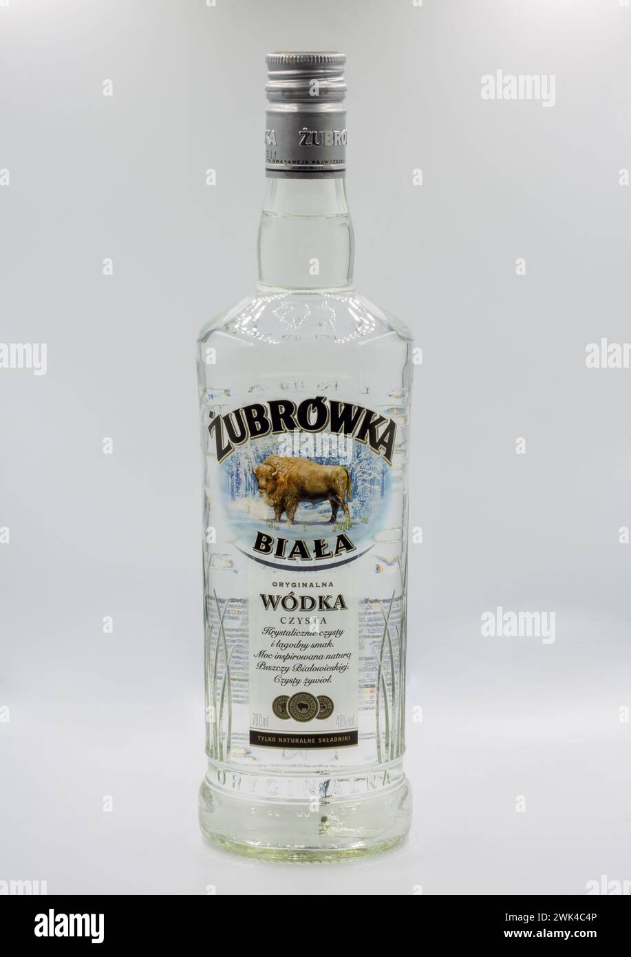 Kyiv, Ukraine - February 08, 2023: Studio shoot of Zubrowka Biala vodka bottle closeup against white. It is a flavored Polish vodka liqueur, which con Stock Photo