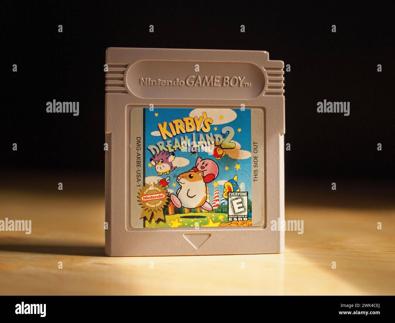 Miami, Florida, United States - November 26, 2023 - Vintage cartridge of Nintendo Game Boy video game Kirby's Dream Land 2 on a table. Stock Photo