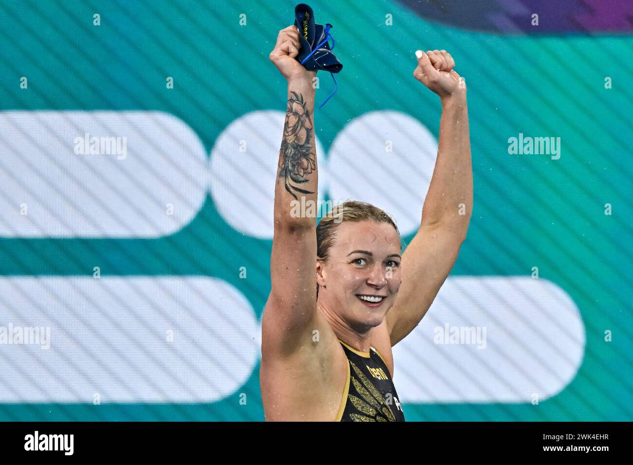 Doha, Qatar. 18th Feb, 2024. Sarah Sjoestroem of Sweden celebrates