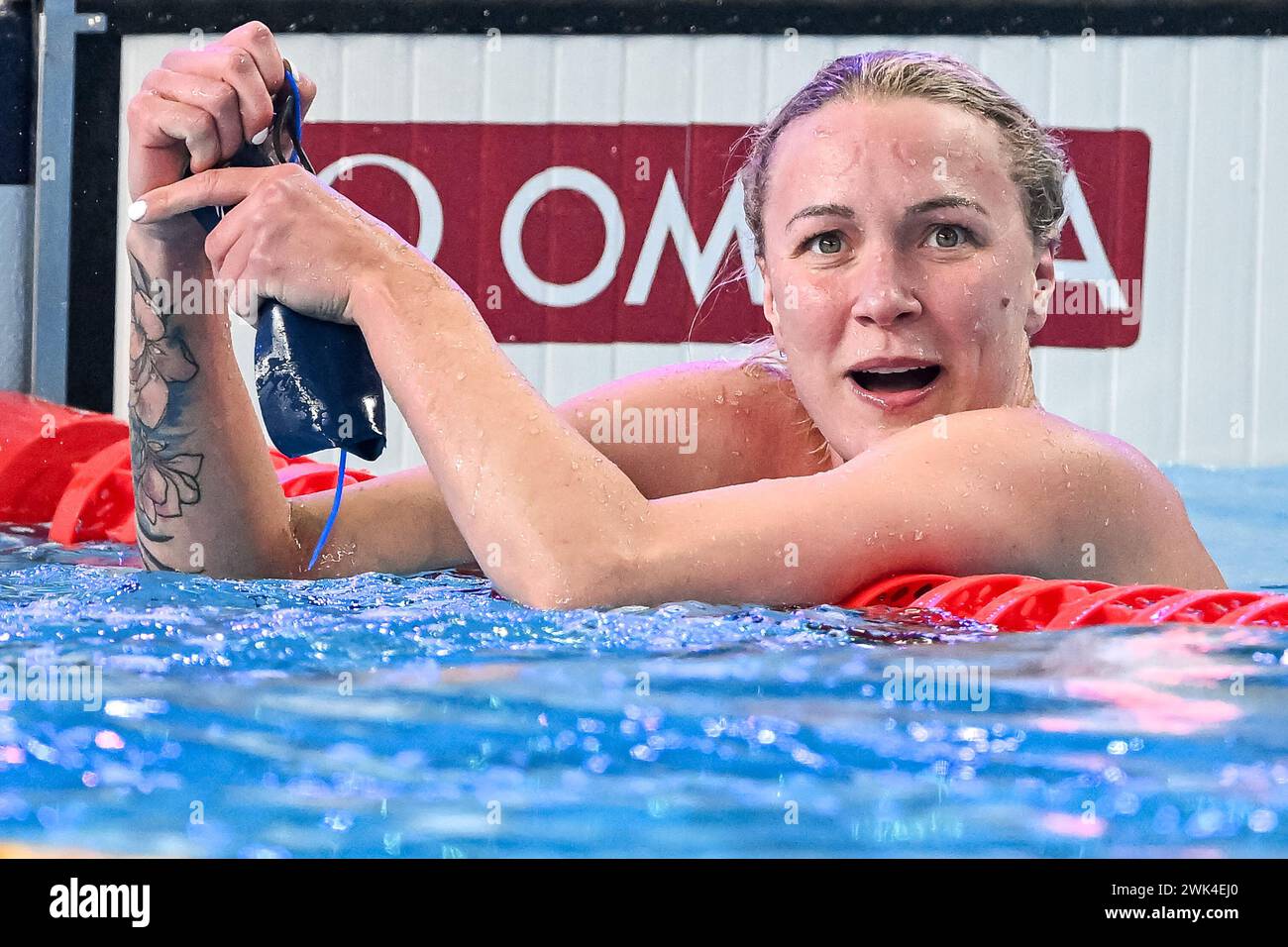Doha, Qatar. 18th Feb, 2024. Sarah Sjoestroem of Sweden reacts after