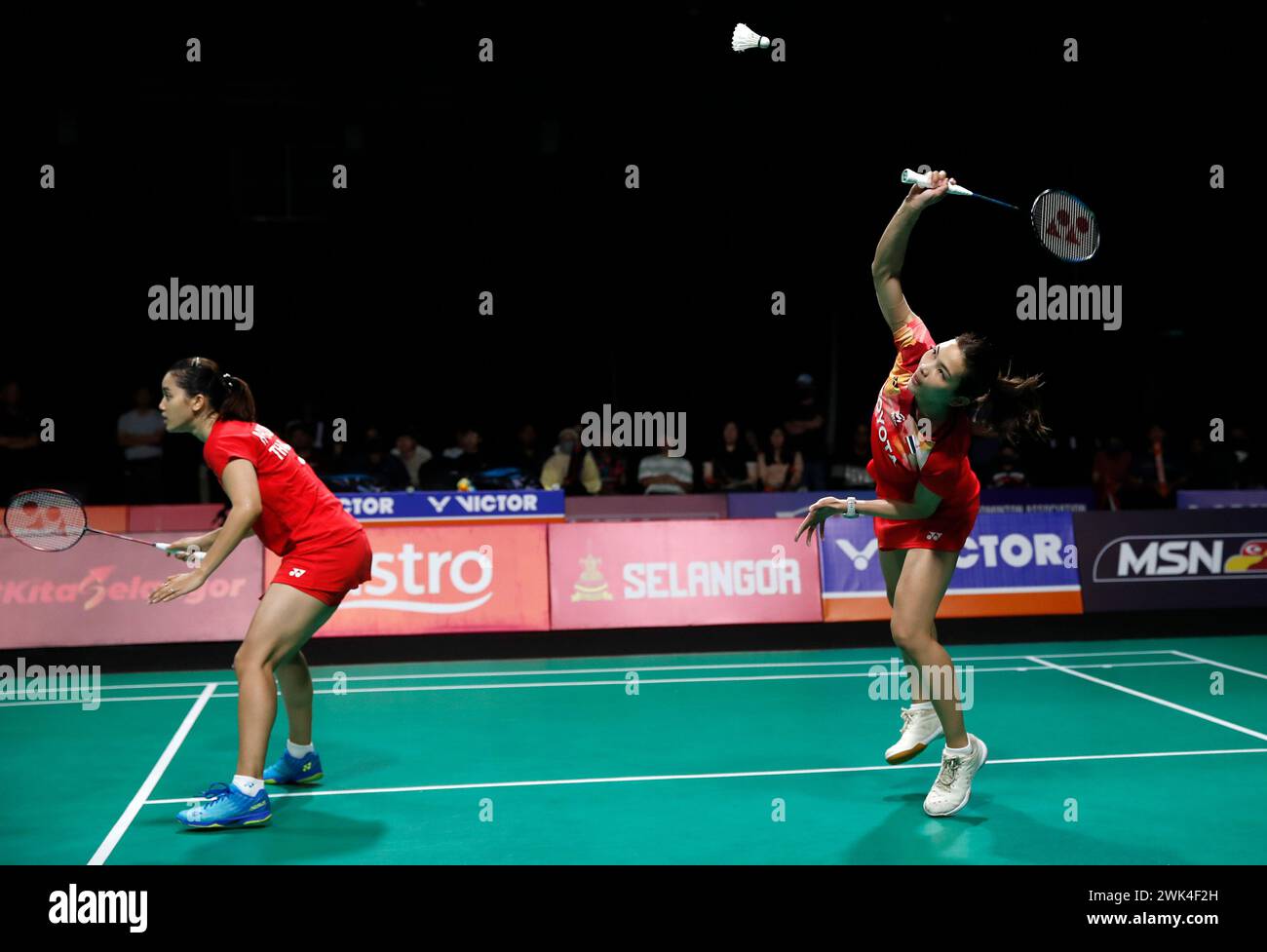 Kuala Lumpur, Malaysia. 18th Feb, 2024. Jongkolphan Kititharakul (R) and Rawinda Projongjai of Thailand in action against Gayatri Gopichand Pullela and Treesa Jolly of India (not pictured) during the Women's Doubles final match at the Badminton Asia Team Championships 2024 at Setia City Convention Centre in Shah Alam. Gayatri Gopichand Pullela and Treesa Jolly won with scores; 21/18/21 : 16/21/16. (Photo by Wong Fok Loy/SOPA Images/Sipa USA) Credit: Sipa USA/Alamy Live News Stock Photo
