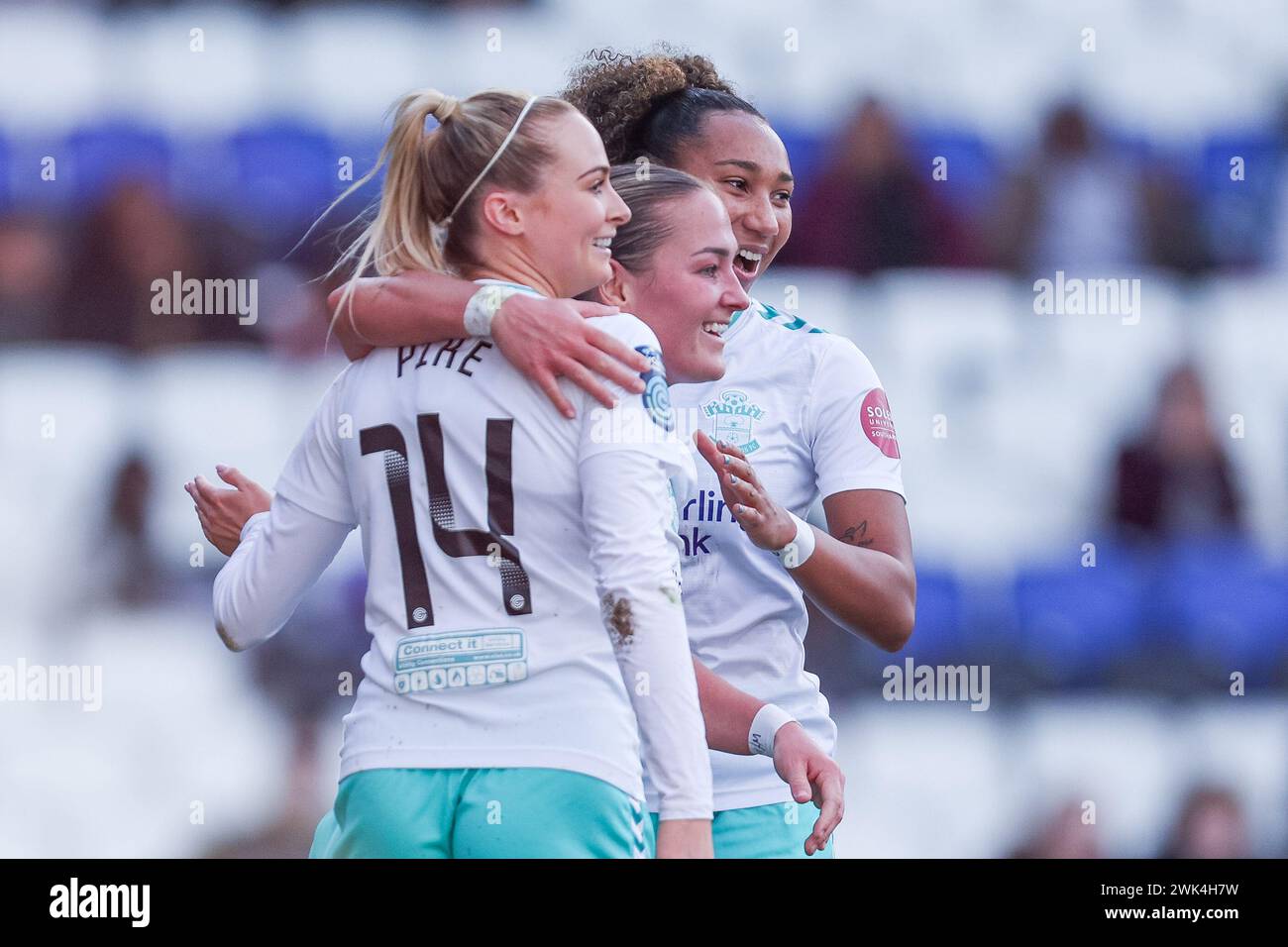 Birmingham, UK. 18th Feb, 2024. Southampton's #14, Molly Pike & Lexi Lloyd-Smith congratulate Katie Wilkinson (centre) during the Womens Championship match between Birmingham City Women and Southampton Women at St Andrews, Birmingham, England on 18 February 2024. Photo by Stuart Leggett. Editorial use only, license required for commercial use. No use in betting, games or a single club/league/player publications. Credit: UK Sports Pics Ltd/Alamy Live News Stock Photo