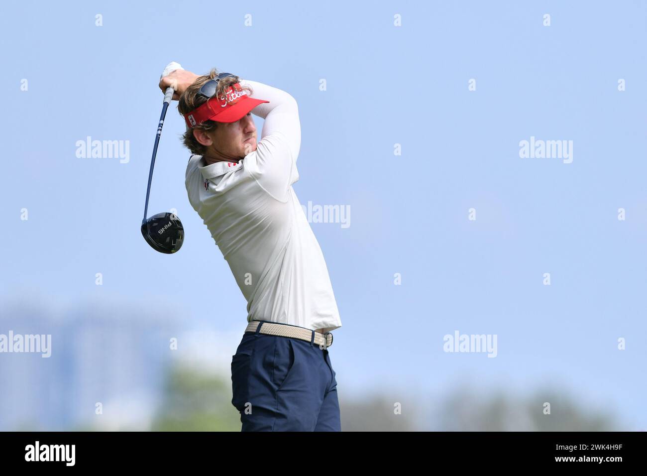 SERDANG - FEB 18: Jared Du Toit of Canada shot his tee at the 4th hole during final round 0f IRS Prima Malaysia Open 2024 at The Mines Resort & Golf Club, Serdang, Selangor, Malaysia on February 18, 2024.  (Photo by Ali Mufti) Credit: Ali Mufti/Alamy Live News Stock Photo