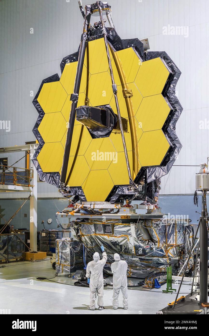 James Webb Telescope. Photograph of the high resolution space telescope, James Webb Space Telescope (JWST). Main mirror assembly from the front with primary mirrors attached, November 2016. Photo courtesy of NASA Stock Photo