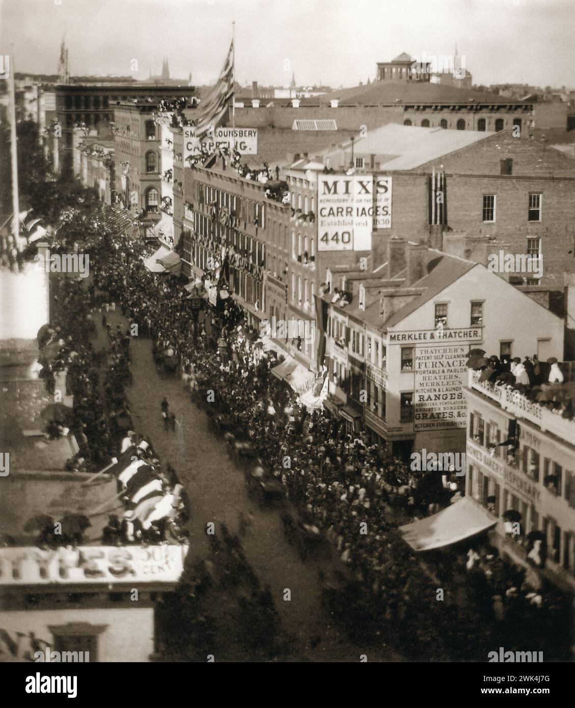 Parade on Broadway, New York City, to celebrate the completion of the transatlantic telegraph cable. September 1, 1858. Vintage B&W Photograph by William  England Stock Photo
