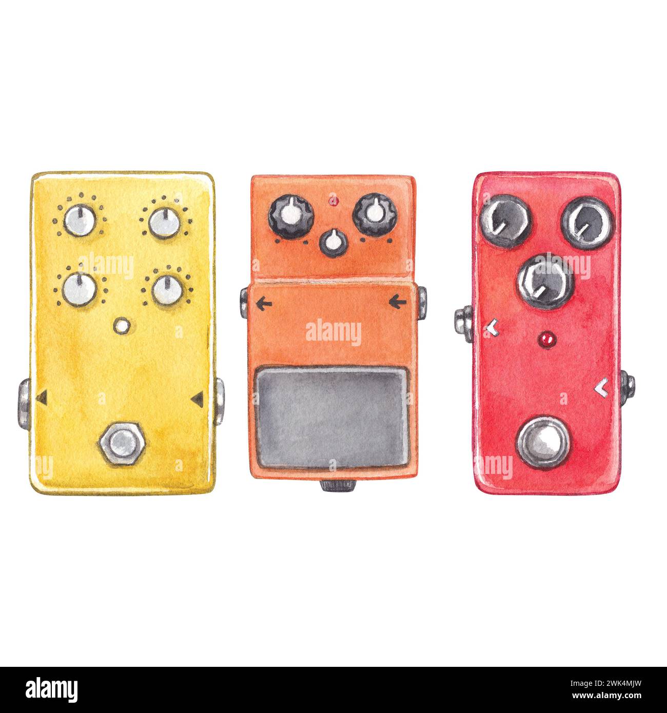 Set of guitar effects pedals. Watercolor hand drawn illustration of a
