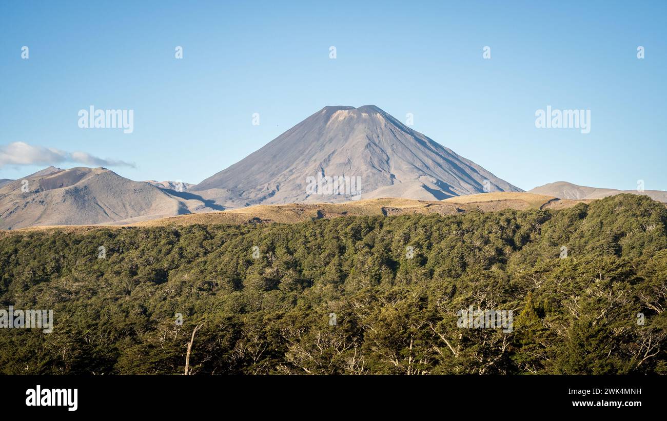 Simple volcanic landscape with big volcanic cone dominating in the center, New Zealand Stock Photo