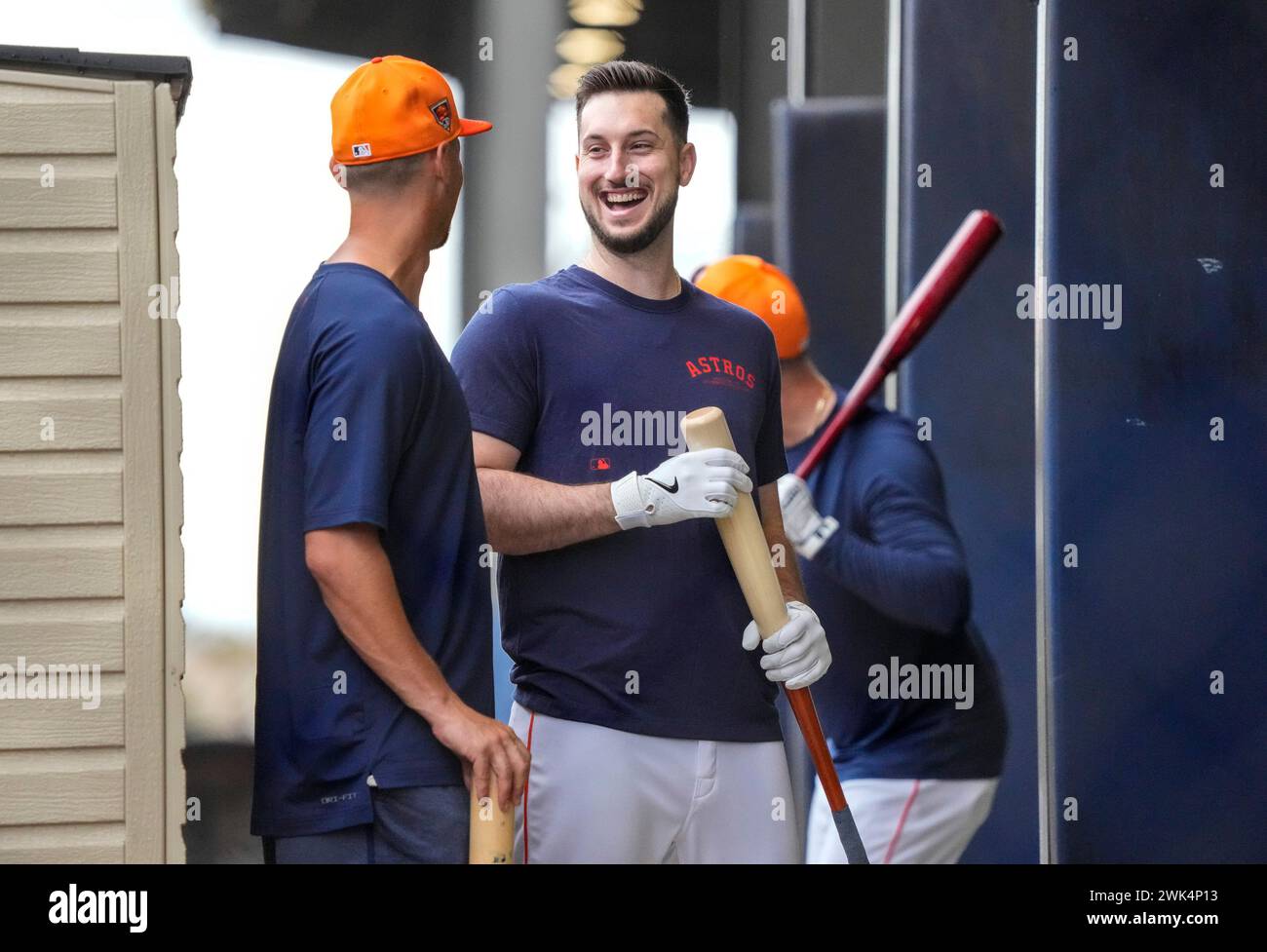 Houston Astros Grae Kessinger and Kyle Tucker talk in the batting cages