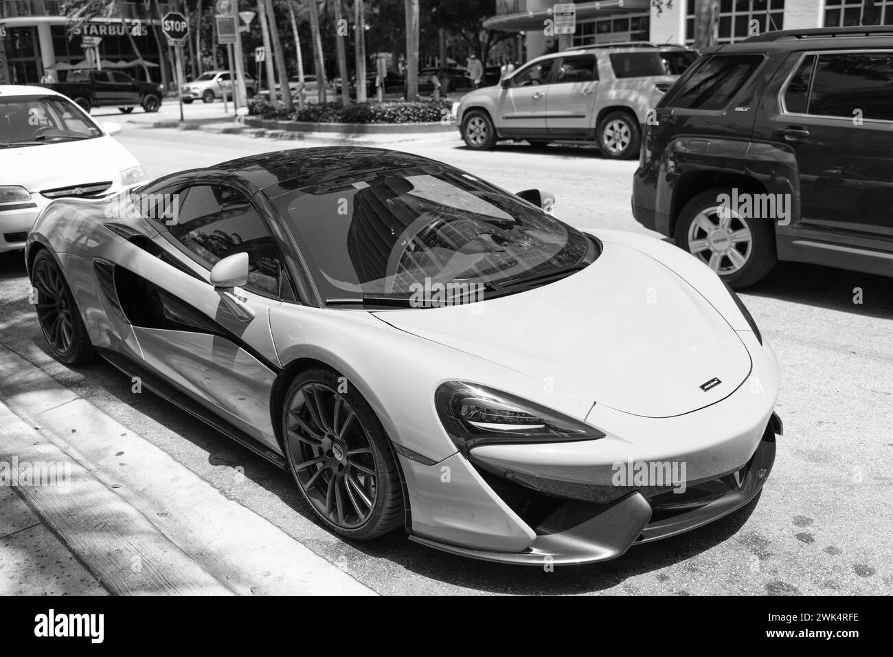 Miami Beach, Florida USA - April 15, 2021: white mclaren 570s, front