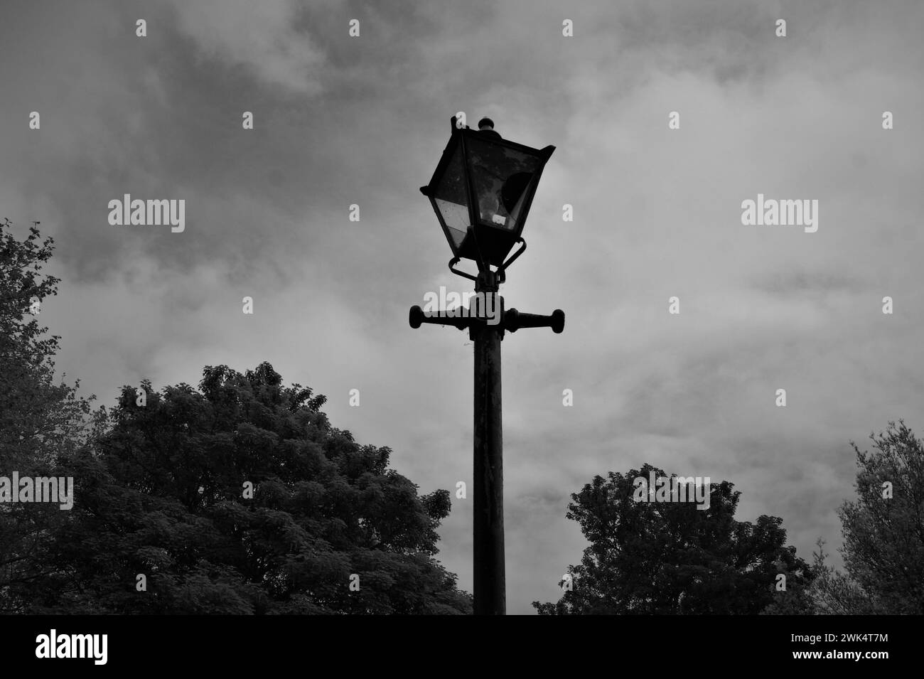 Antique lantern in the park. Black and white image. Stock Photo