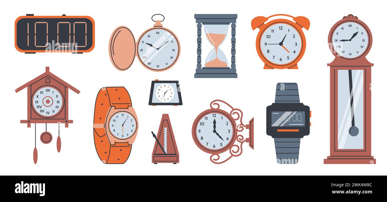 Clock dial. Interior watch. Hourglass and wristwatch. Wooden metronome timer. Time measurement. Chronometer at wall. Stopwatch face. Punctuality and accuracy. Hours countdown. Vector timepieces set Stock Vector