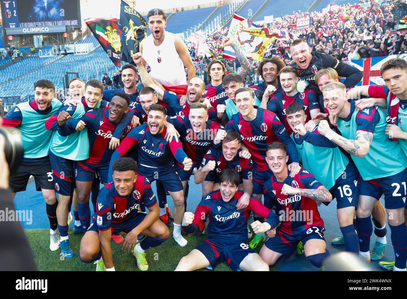 Bologna Players celebrate at the end Serie A soccer match SS Lazio - Bologna FC Stadio Olimpico  on February 18, 2024 in Rome , Italy. Stock Photo