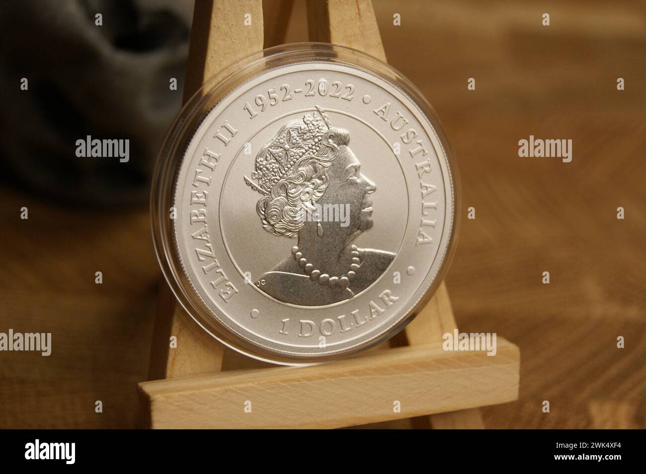Silver commemorative coin of Elizabeth II 1952-2022. Australian 1 Dollar. Stock Photo