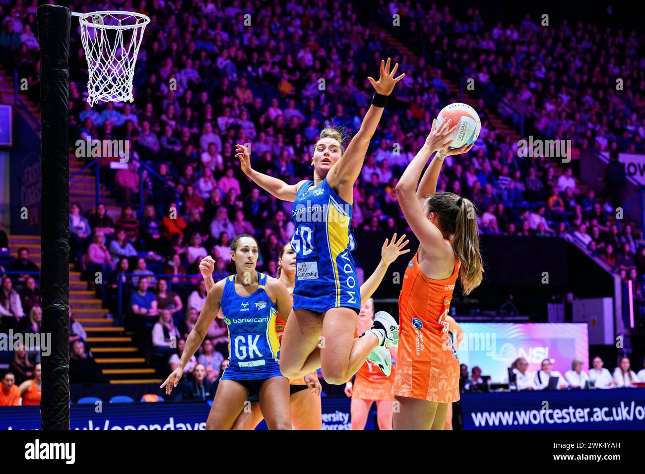 NOTTINGHAM, UNITED KINGDOM. Feb 17, 24. Michelle Magee (centre) in action during todays match of Severn Stars v Leeds Rhinos during Netball Super League Season Opener 2024 at Motorpoint Arena on Saturday, February 17, 2024, NOTTINGHAM, ENGLAND. Credit: Taka G Wu/Alamy Live News Stock Photo