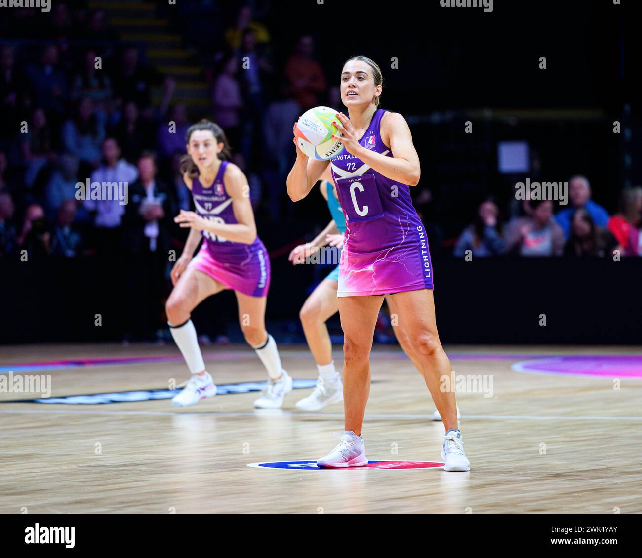 NOTTINGHAM, UNITED KINGDOM. Feb 17, 24. Nat Panagarry (right) in action during todays match of Loughborough Lightning v Surrey Storm during Netball Super League Season Opener 2024 at Motorpoint Arena on Saturday, February 17, 2024, NOTTINGHAM, ENGLAND. Credit: Taka G Wu/Alamy Live News Stock Photo