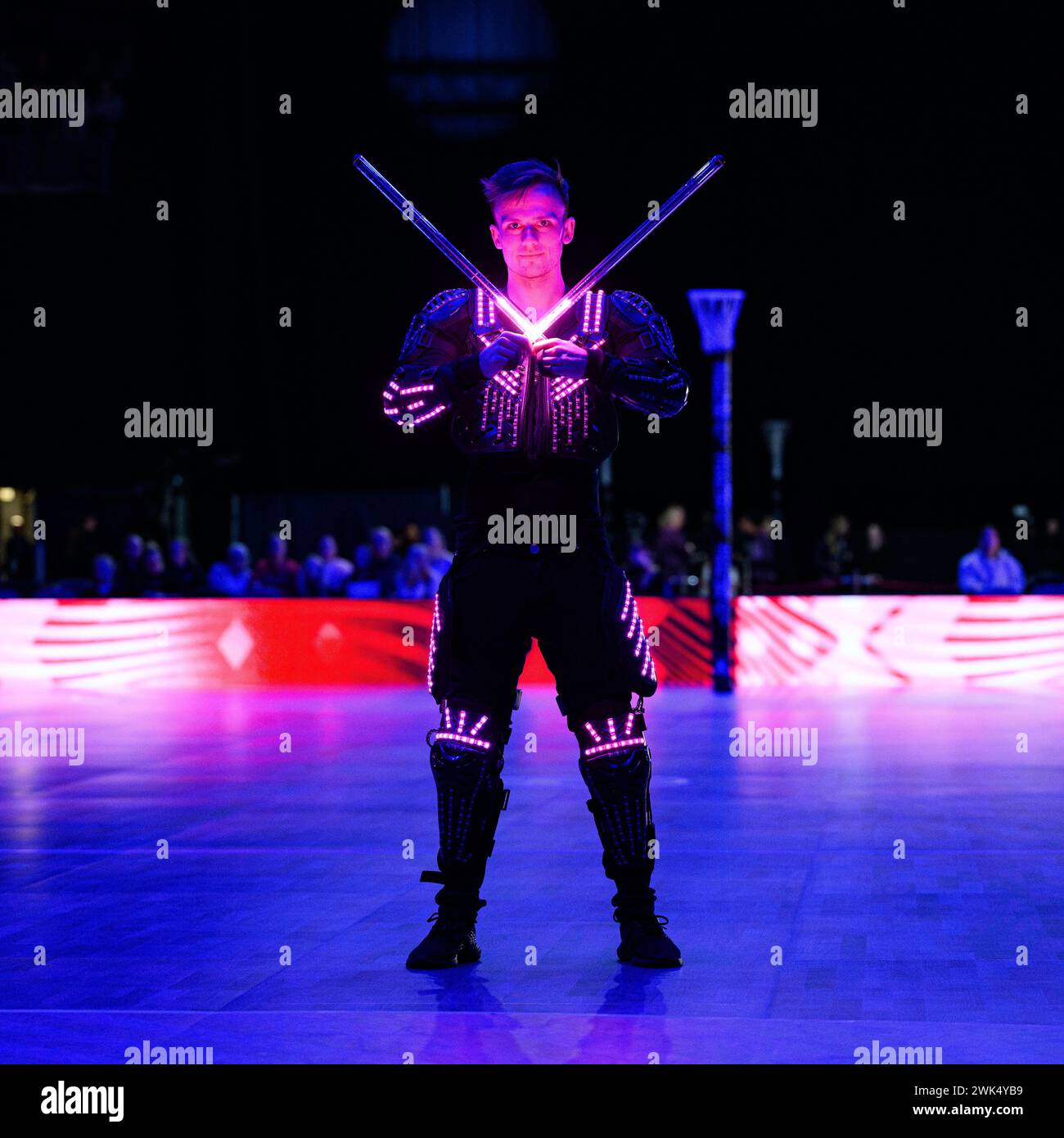 NOTTINGHAM, UNITED KINGDOM. Feb 17, 24. The artist performs light show prior to Strathclyde Sirens v Team Bath during Netball Super League Season Opener 2024 at Motorpoint Arena on Saturday, February 17, 2024, NOTTINGHAM, ENGLAND. Credit: Taka G Wu/Alamy Live News Stock Photo