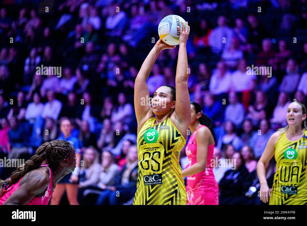 NOTTINGHAM, UNITED KINGDOM. Feb 17, 24. Paige Reed (centre) in action during todays match of London Pulse vs Manchester Thunder during Netball Super League Season Opener 2024 at Motorpoint Arena on Saturday, February 17, 2024, NOTTINGHAM, ENGLAND. Credit: Taka G Wu/Alamy Live News Stock Photo