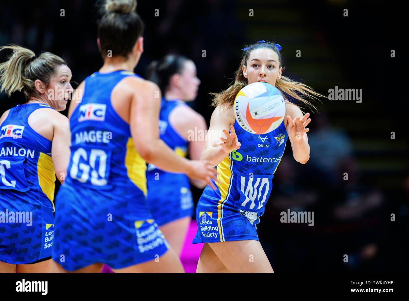 NOTTINGHAM, UNITED KINGDOM. Feb 17, 24. Cassie Howard (right) in action during todays match of Severn Stars v Leeds Rhinos during Netball Super League Season Opener 2024 at Motorpoint Arena on Saturday, February 17, 2024, NOTTINGHAM, ENGLAND. Credit: Taka G Wu/Alamy Live News Stock Photo