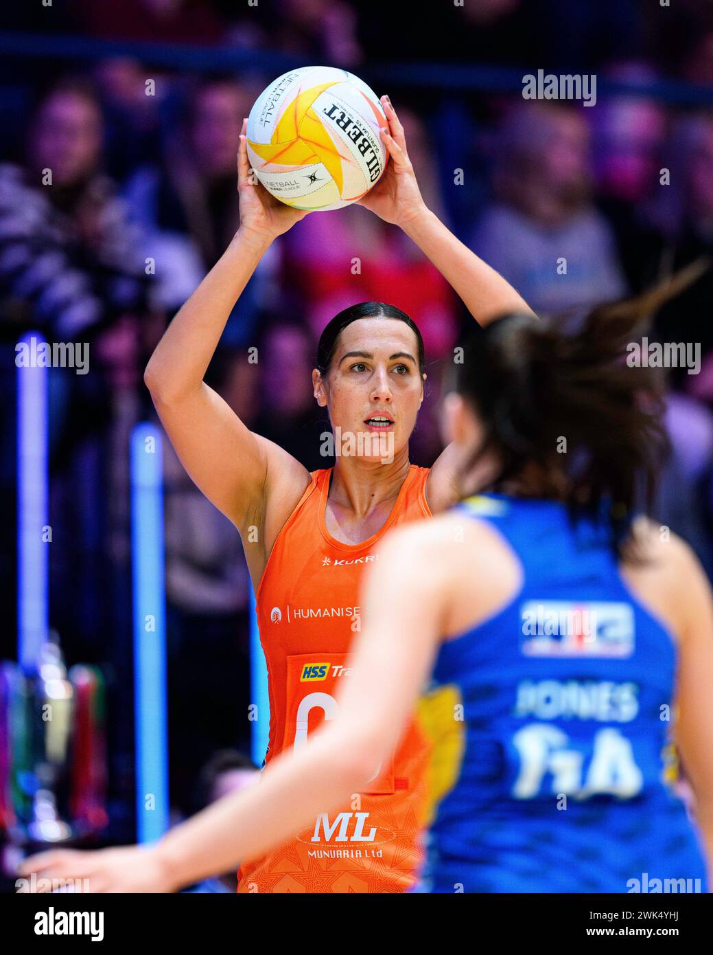 NOTTINGHAM, UNITED KINGDOM. Feb 17, 24. Jo Trip (left) in action during todays match of Severn Stars v Leeds Rhinos during Netball Super League Season Opener 2024 at Motorpoint Arena on Saturday, February 17, 2024, NOTTINGHAM, ENGLAND. Credit: Taka G Wu/Alamy Live News Stock Photo