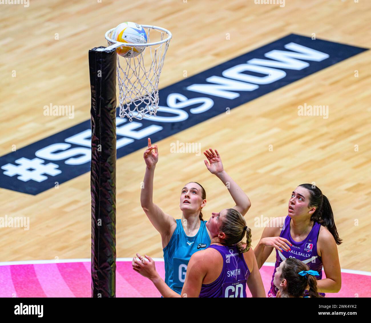 NOTTINGHAM, UNITED KINGDOM. Feb 17, 24. Frankie Wells (centre) in action during todays match of Loughborough Lightning v Surrey Storm during Netball Super League Season Opener 2024 at Motorpoint Arena on Saturday, February 17, 2024, NOTTINGHAM, ENGLAND. Credit: Taka G Wu/Alamy Live News Stock Photo