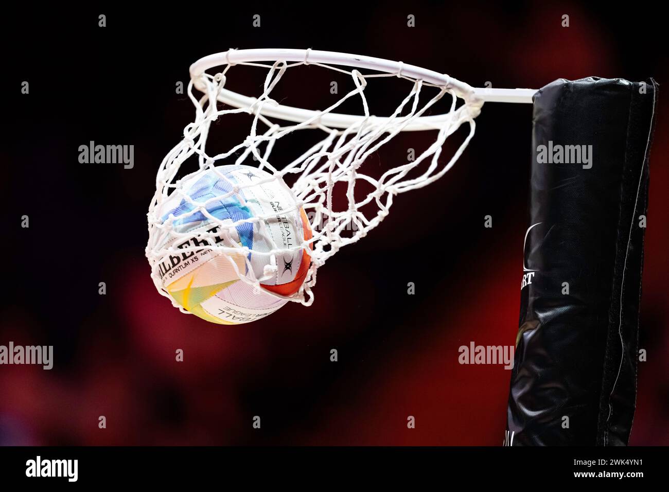 NOTTINGHAM, UNITED KINGDOM. Feb 17, 24. A ball entered to the net during the match of Strathclyde Sirens v Team Bath during Netball Super League Season Opener 2024 at Motorpoint Arena on Saturday, February 17, 2024, NOTTINGHAM, ENGLAND. Credit: Taka G Wu/Alamy Live News Stock Photo
