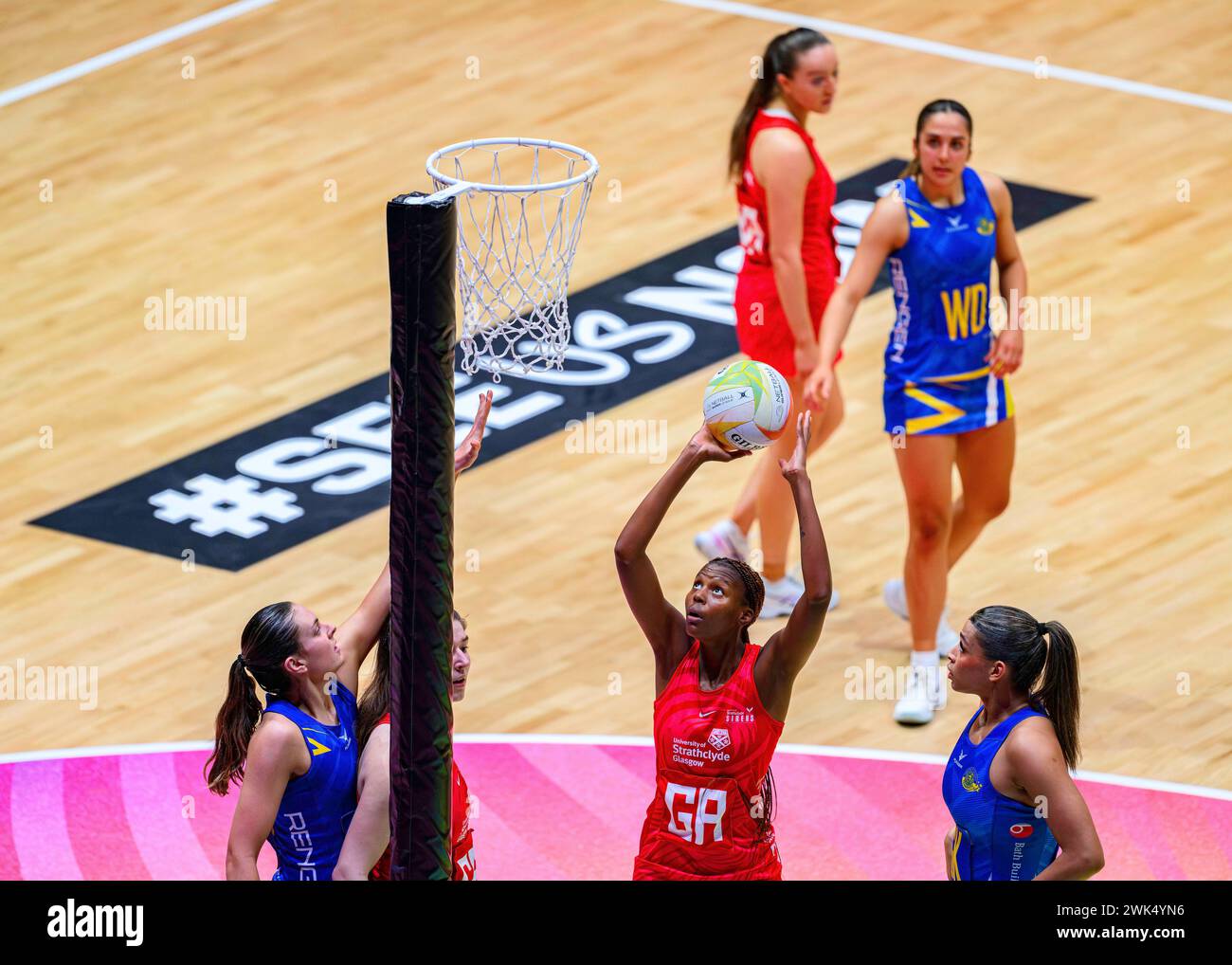 NOTTINGHAM, UNITED KINGDOM. Feb 17, 24. Sammy Ngubane (centre) in action during todays match of Strathclyde Sirens v Team Bath during Netball Super League Season Opener 2024 at Motorpoint Arena on Saturday, February 17, 2024, NOTTINGHAM, ENGLAND. Credit: Taka G Wu/Alamy Live News Stock Photo