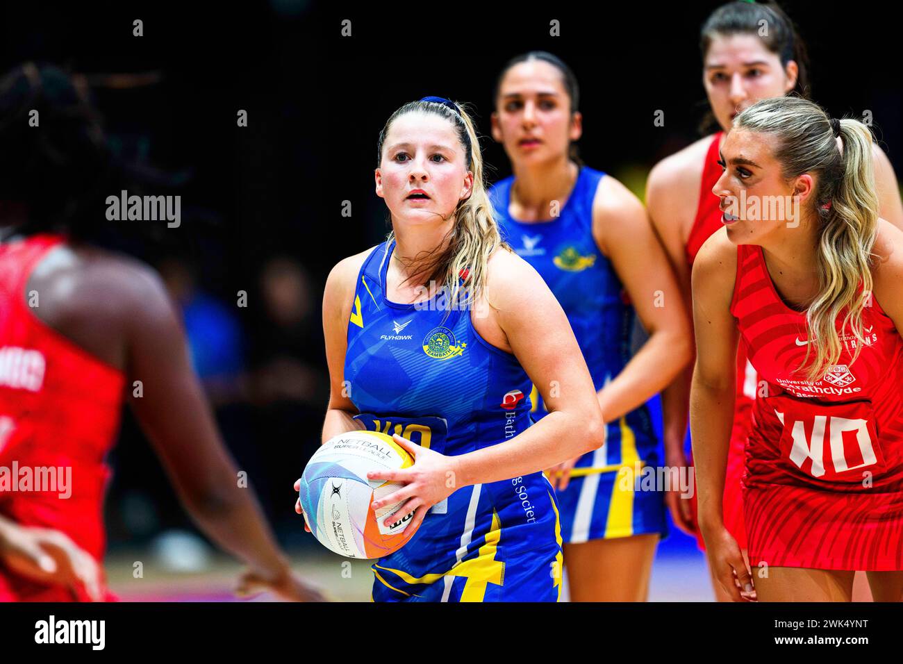 NOTTINGHAM, UNITED KINGDOM. Feb 17, 24. Lily-May Catling (centre) in action during todays match of Strathclyde Sirens v Team Bath during Netball Super League Season Opener 2024 at Motorpoint Arena on Saturday, February 17, 2024, NOTTINGHAM, ENGLAND. Credit: Taka G Wu/Alamy Live News Stock Photo