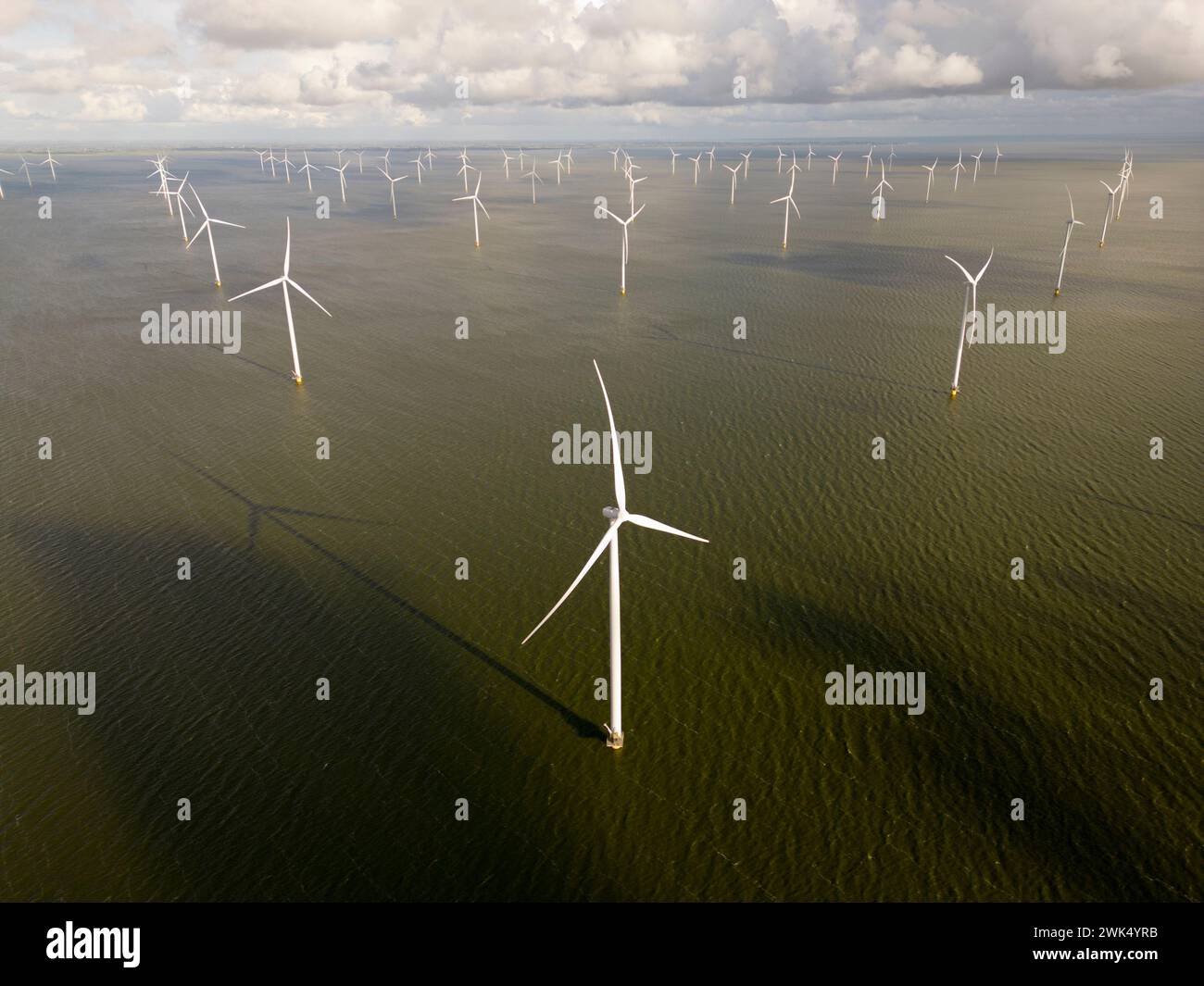 Windturbines in an offshore windpark, Ijsselmeer, Breezanddijk, The Netherlands Stock Photo