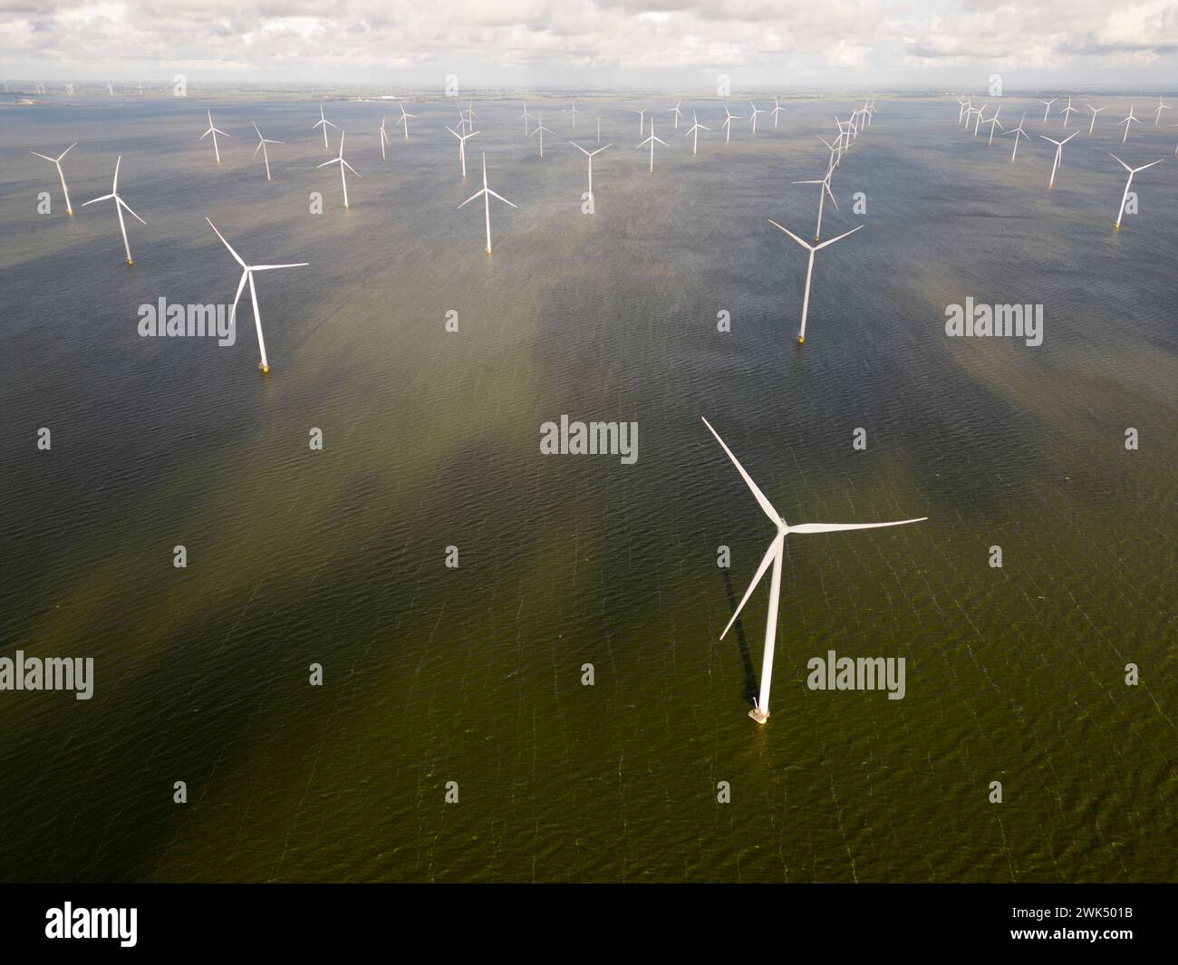 Windturbines in an offshore windpark, Ijsselmeer, Breezanddijk, The Netherlands Stock Photo