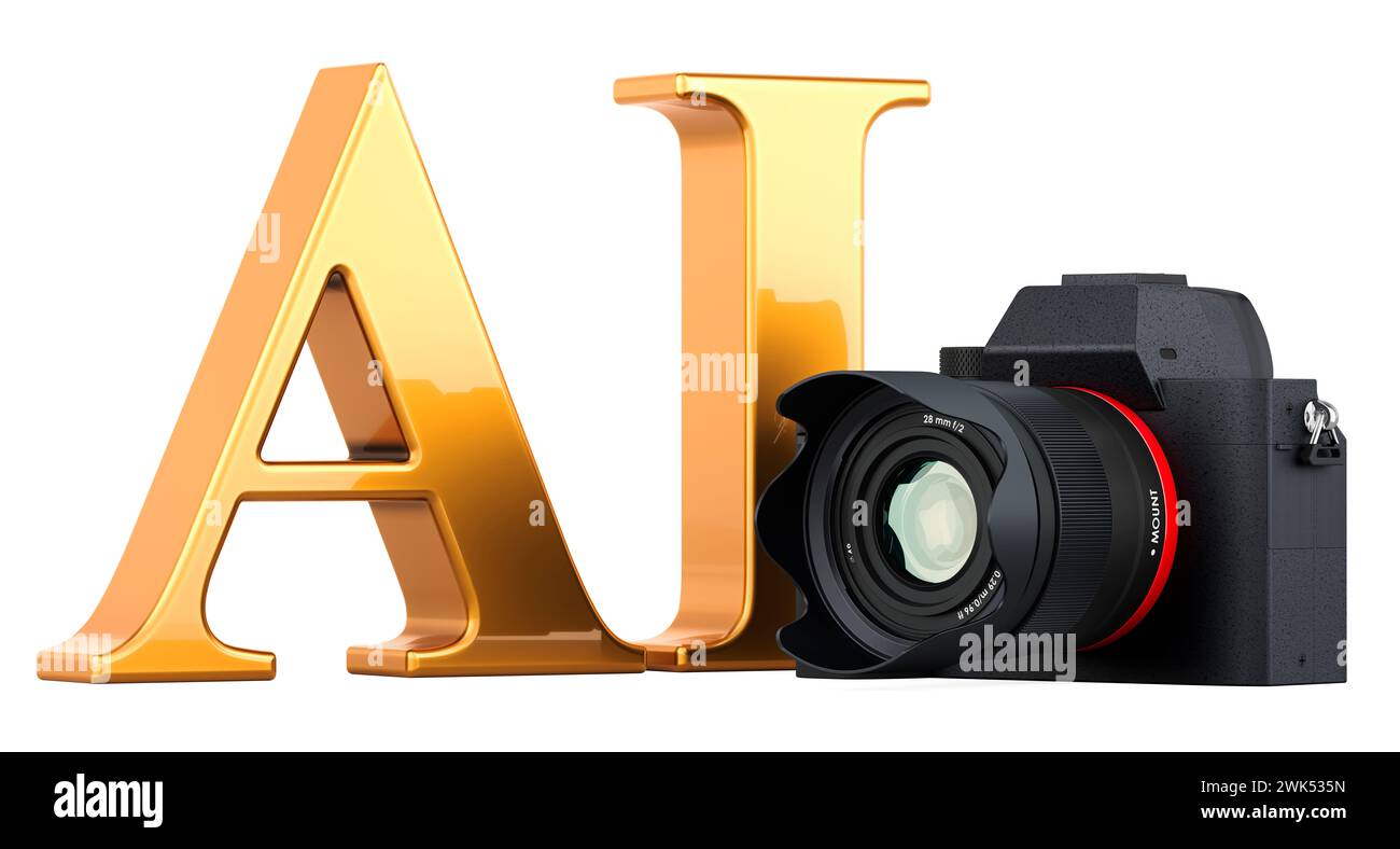 AI Image Generator concept with digital camera. 3D rendering isolated on white background Stock Photo