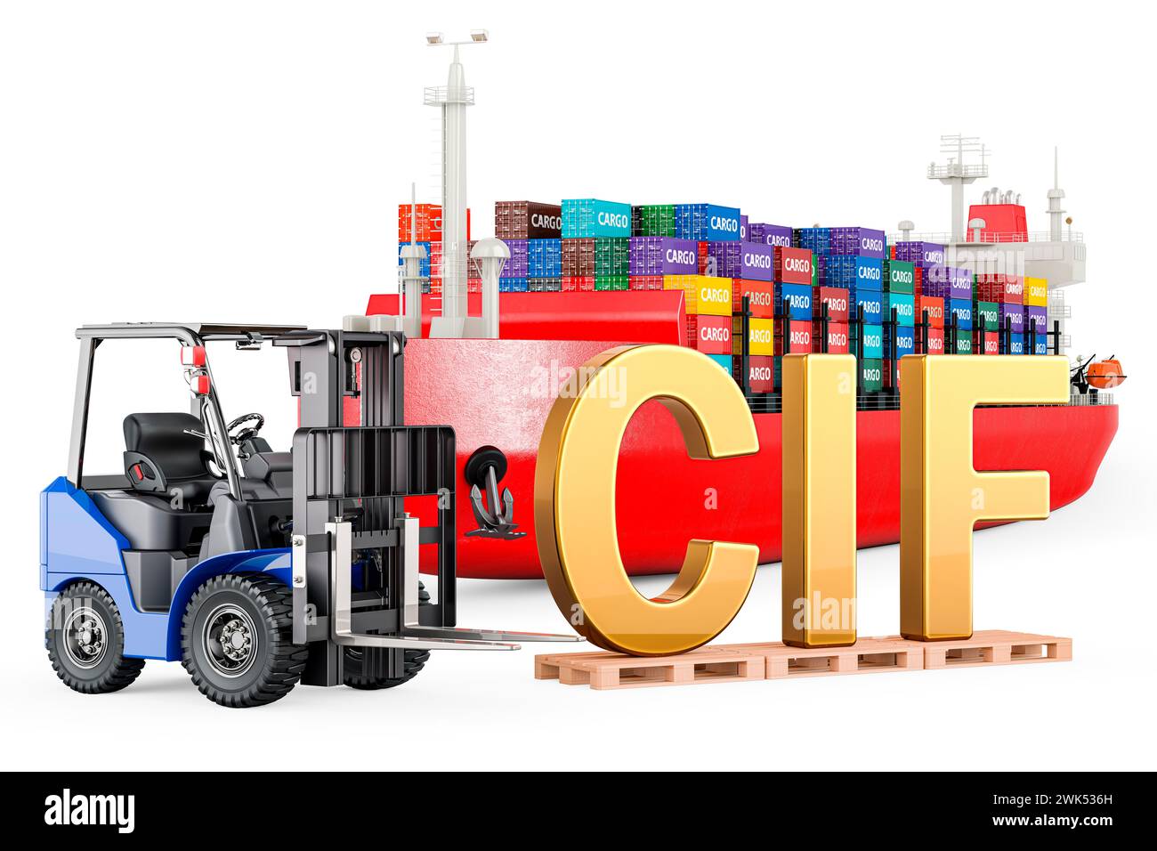 Shipping Instruction Form, concept. Cargo Container Ship with cargo containers and Forklift truck with SIF inscription, 3D rendering isolated on white Stock Photo