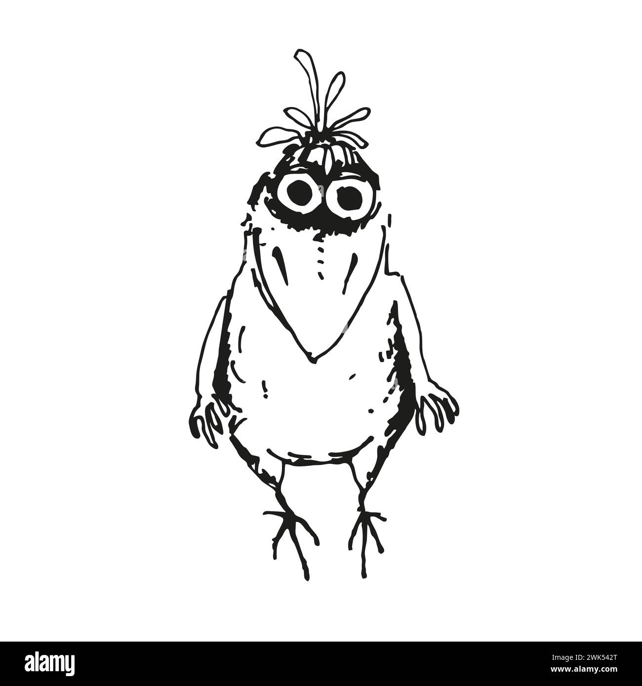hand drawn vector illustration of cartoon funny crow, monochrome sketch