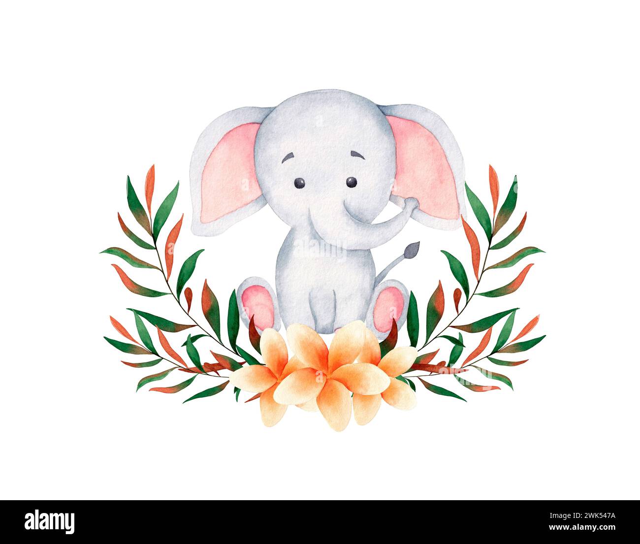 Watercolor cute baby elephant, sitting, surrounded by a wreath of tropical plants and flowers . Hand drawn illustration, isolated on white background Stock Photo