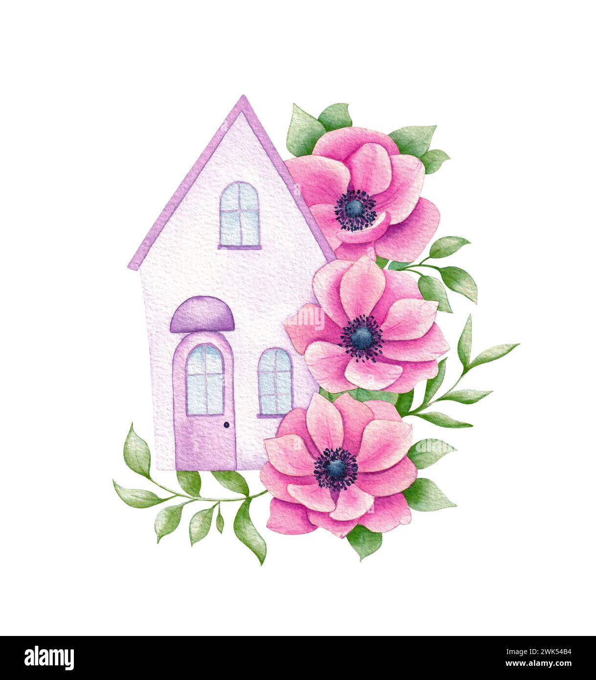 Watercolor house, decorated with leaves and flowers. Hand drawn illustration on white background. Stock Photo