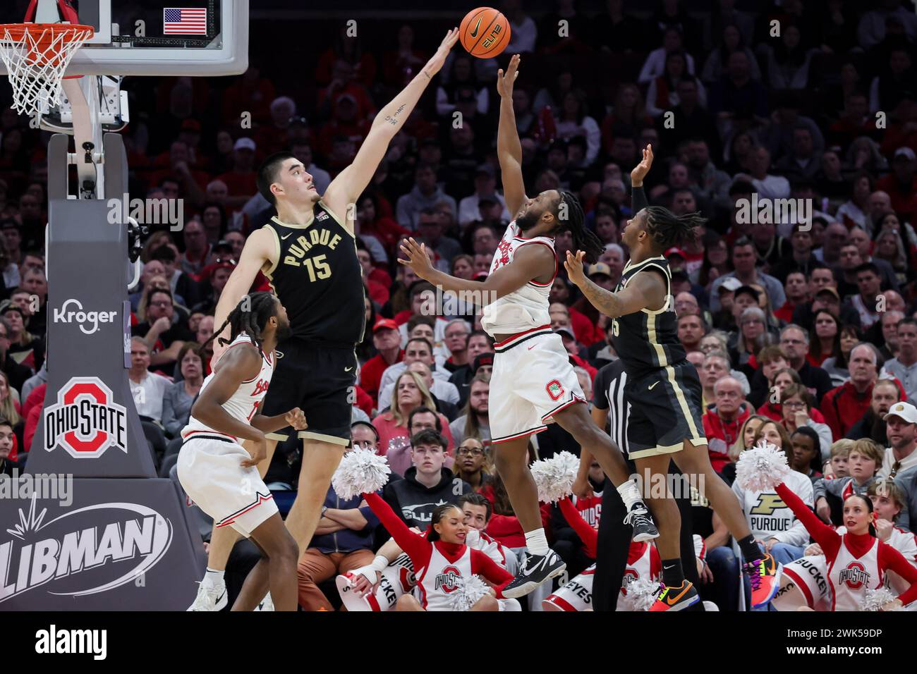 Columbus, Ohio, USA. 18th Feb, 2024. Purdue Boilermakers center Zach Edey (15) blocks a shot by Ohio State Buckeyes guard Bruce Thornton (2) during the game between the Purdue Boilermakers and the Ohio State Buckeyes at Value City Arena, Columbus, Ohio. (Credit Image: © Scott Stuart/ZUMA Press Wire) EDITORIAL USAGE ONLY! Not for Commercial USAGE! Stock Photo