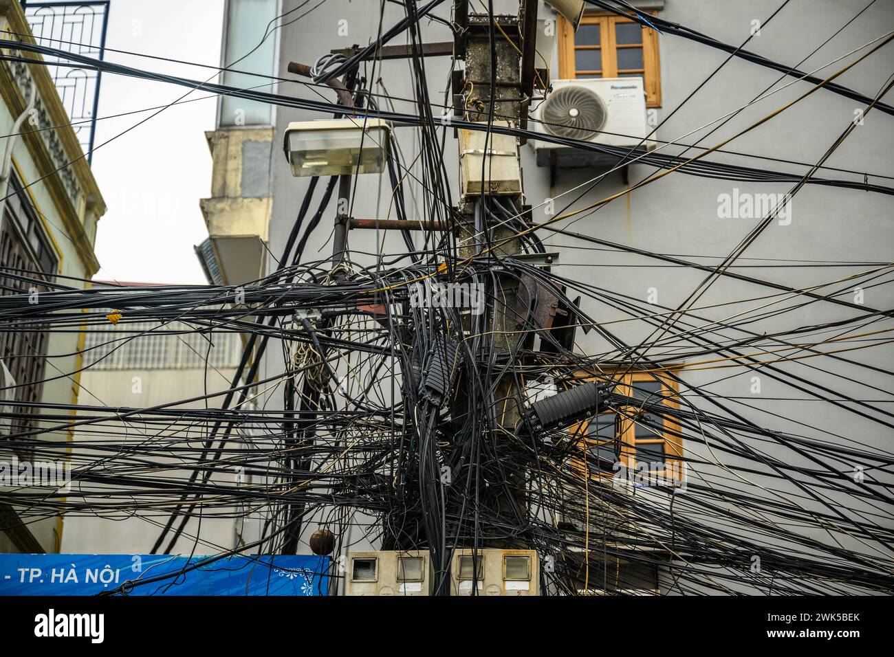 Telephone cable spaghetti in Vietnam Stock Photo